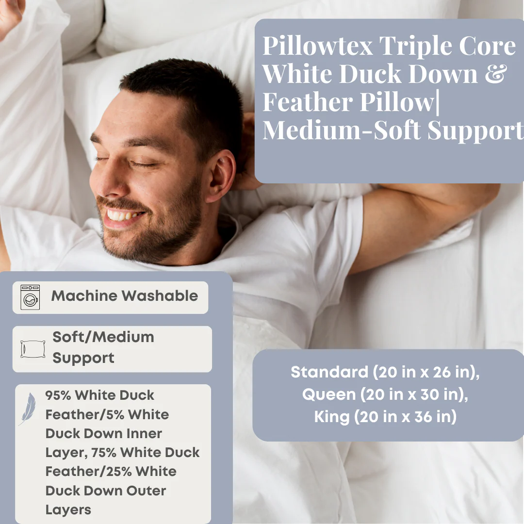 Pillowtex Triple Core White Duck Down & Feather Pillow| Medium-Soft Support - Image 7